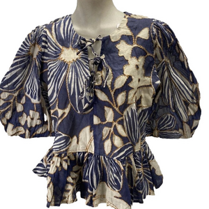 NEW MARIE OLIVER  Womens Estella Floral Print Peplum Top Size M Moonflower Blue